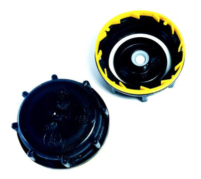 Canister cap DIN50 K61 S60x6 black - with FLEECE DEGASSING D15 and disposable safety ring (yellow)